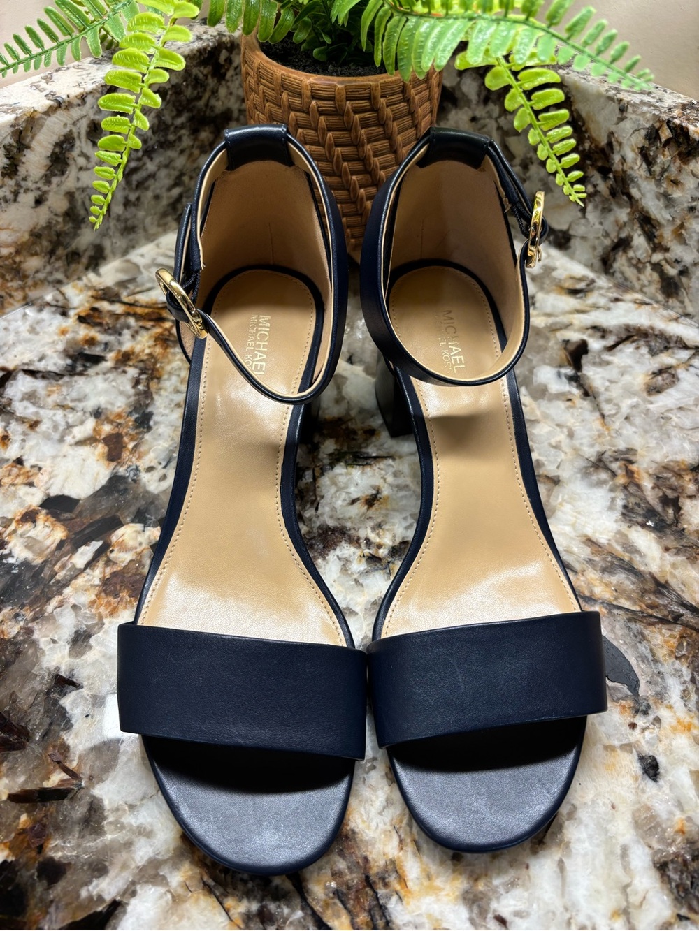 Michael Kors Navy Blue Ankle-Strap Block Heel Sandals - Picture 4 of 15